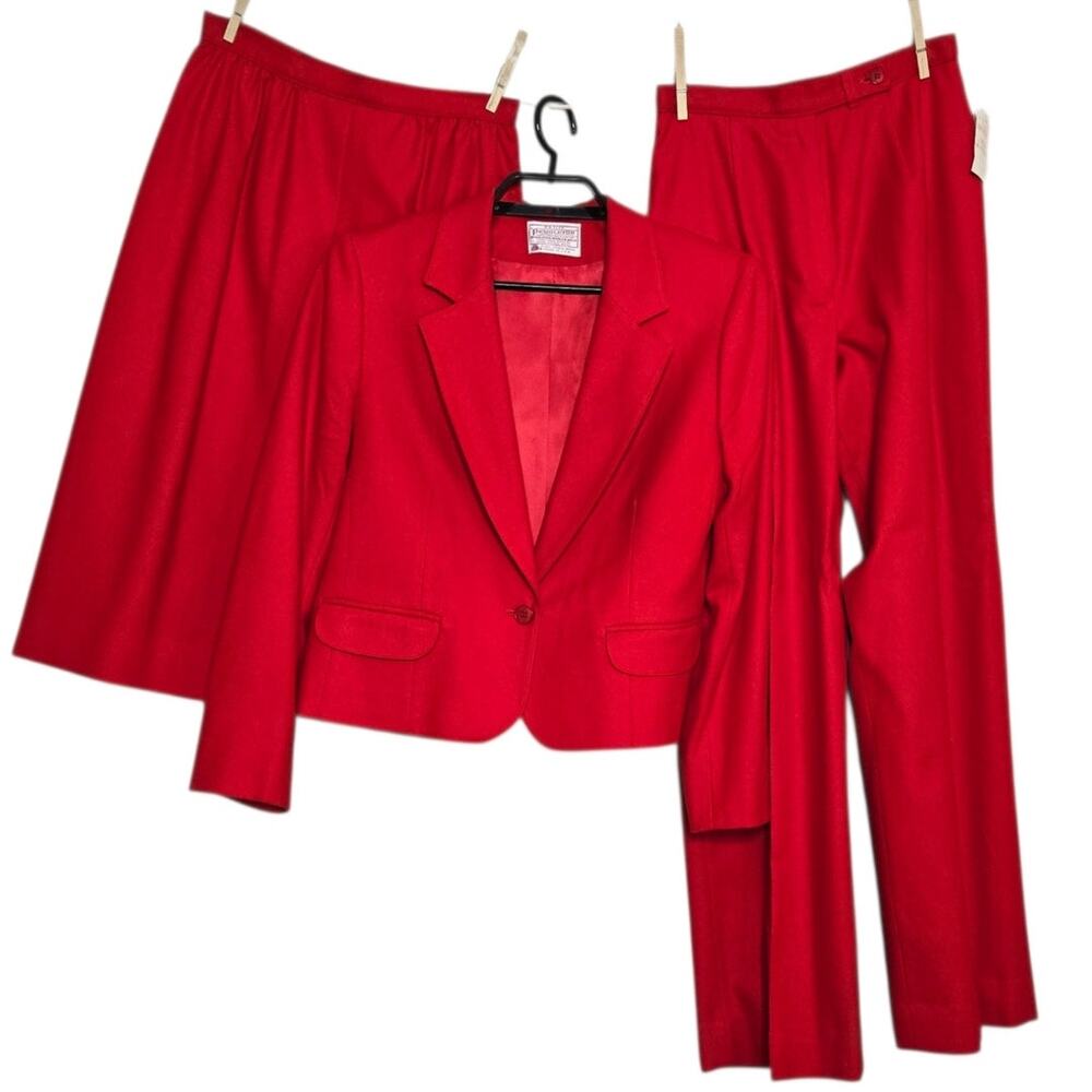 Vintage Pendleton Three Piece Wool Suit SZ 10P 8P Petite Skirt Blazer Pants Red
